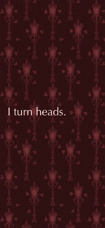 Phone wallpaper: the future "I turn heads." in pale rose ink over a dithered pattern of vintage street lamps with moths circling them, in deep coral red.