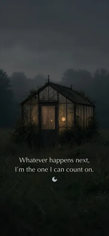 Confidence affirmations wallpaper: dark green cinematic photograph of an overgrown greenhouse lit warm from within at dusk, one pale bloom at the fogged glass, with the affirmation 'Whatever happens next, I'm the one I can count on.' in serif type.