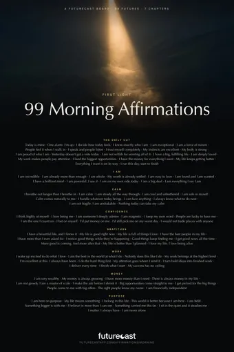 First Light poster: a beam of sunlight falling through a gap between dark mountain ridges, above all 99 futures from the daily cut and seven chapters.