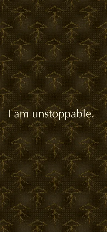 Phone wallpaper: the future "I am unstoppable." in pale gold ink over a dithered pattern of forked lightning bolts on dark amber.