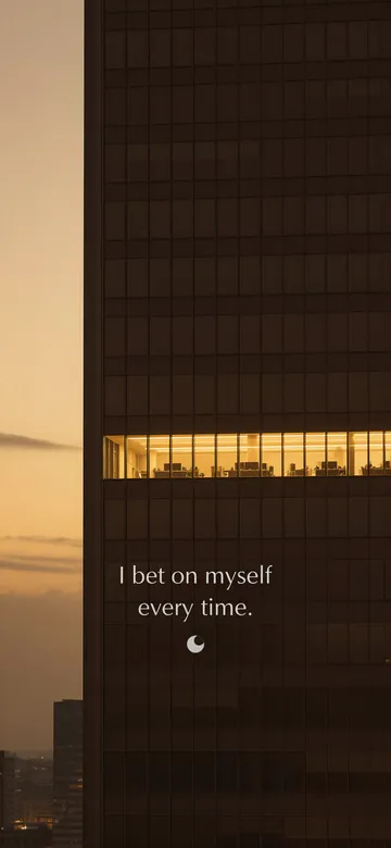 Struck-light photograph: one lit floor high in a dark glass tower at dusk, with the typeset line "I bet on myself every time."