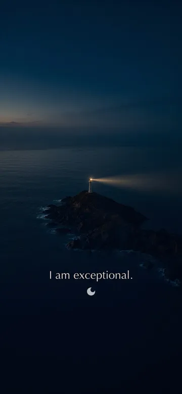 Morning affirmations wallpaper — dawn aerial photograph of a lone lit lighthouse on a dark headland in a calm night sea, with the affirmation 'I am exceptional.' in serif type.