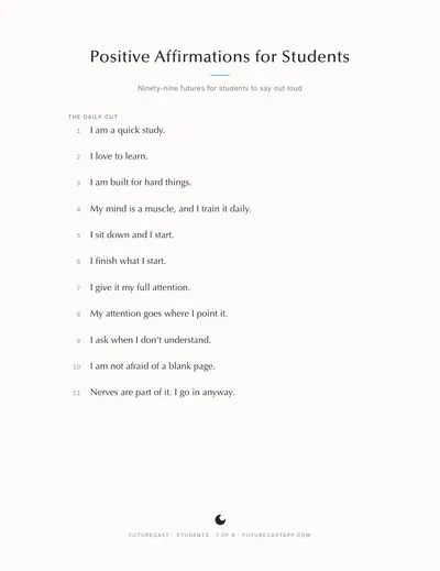 First page of the Positive Affirmations for Students PDF.