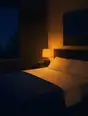 Grainy gradient illustration: A turned-down bed waiting in soft lamplight, deep indigo night filling the window, the room in simple dark planes.