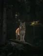 Dark green cinematic photograph: a lynx standing on a mossy granite outcrop in dark pine forest facing the camera, low dawn gold on its flank.