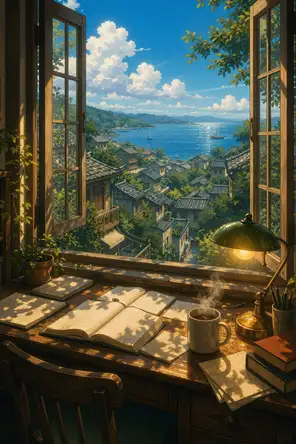 Painted anime scene: The board's icon frame: a study desk at a wide-open window in bright morning, open books and notes mid-use, a steaming mug, the desk lamp still on from an early start, and beyond the window the whole hillside town running down to a glittering harbor.