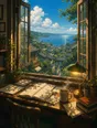 Painted anime scene: The board's icon frame: a study desk at a wide-open window in bright morning, open books and notes mid-use, a steaming mug, the desk lamp still on from an early start, and beyond the window the whole hillside town running down to a glittering harbor.