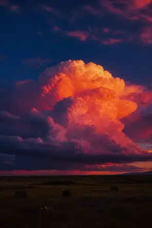 Film photograph: a towering thunderhead glowing magenta and gold at sunset over dark open plains.