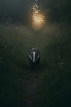Dark green cinematic photograph: a badger walking a narrow worn path through tall misty meadow grass, pale gold light at the far end.
