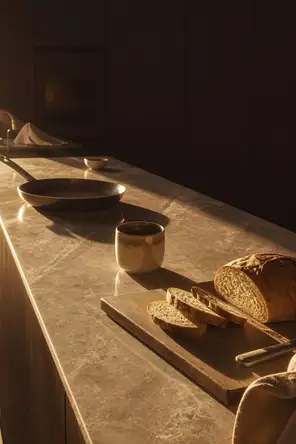 Struck-light photograph: a stone kitchen counter at dawn with breakfast half made along it, bread part cut on a board, a pan and a cup set out