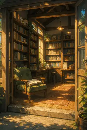 Painted anime scene: A small bookshop seen through its wide-open door, morning sun reaching deep inside across full wooden shelves, dust motes, a reading chair with a book left open.