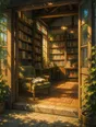 Painted anime scene: A small bookshop seen through its wide-open door, morning sun reaching deep inside across full wooden shelves, dust motes, a reading chair with a book left open.