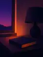 Grainy gradient illustration: A book left face-down on a bedside table, the lamp just switched off, the last deep violet of dusk in the window.