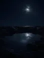 Dark elemental photograph: a still tidal pool in dark volcanic rock under moonlight, the sky's reflection in the water rendering as small glowing marks.
