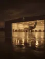 Struck-light photograph: a private hangar at dusk with its doors rolled open on an unmarked jet, the wet apron carrying the interior light