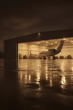 Struck-light photograph: a private hangar at dusk with its doors rolled open on an unmarked jet, the wet apron carrying the interior light