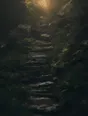 Dark green cinematic photograph: worn stone steps climbing a steep green hillside, warm light gathering at the crest.