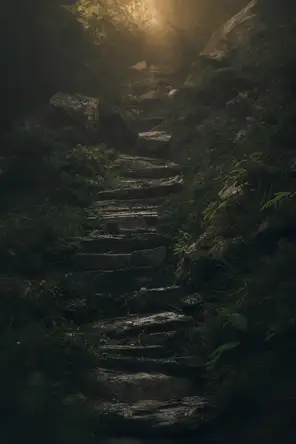 Dark green cinematic photograph: worn stone steps climbing a steep green hillside, warm light gathering at the crest.