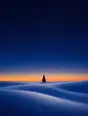 Grainy gradient illustration: A field of pale blue-white snow resting quiet under a deep indigo night sky, soft white drifts clearly visible, one thin warm band of dawn just beginning at the far horizon, nothing built anywhere in the frame.