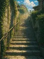 Painted anime scene: A steep stone stairway lane climbing between ivy walls toward the top of the town, sunlit at the top, a hand rail worn smooth, small lamps unlit along the climb.