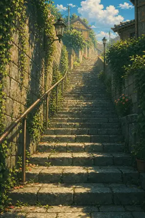 Painted anime scene: A steep stone stairway lane climbing between ivy walls toward the top of the town, sunlit at the top, a hand rail worn smooth, small lamps unlit along the climb.
