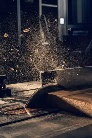 Motion photograph: a table saw driving through hardwood in a bright workshop, a dense plume of sawdust lit hard from behind