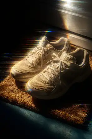 Prism-light photograph: Worn trainers with their laces tied on a bristle doormat at first light.