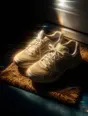 Prism-light photograph: Worn trainers with their laces tied on a bristle doormat at first light.