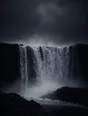 Dark elemental photograph: a waterfall pounding a black rock basin under grey light, the crown of rising mist dissolving into faint glowing marks.
