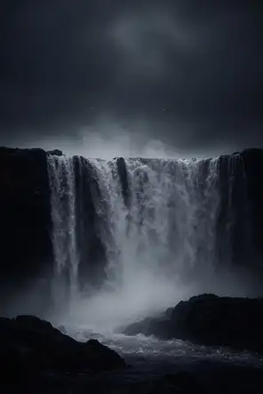 Dark elemental photograph: a waterfall pounding a black rock basin under grey light, the crown of rising mist dissolving into faint glowing marks.