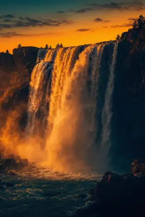 Film photograph: a waterfall pouring at full force in golden evening light, backlit mist against dark cliffs.