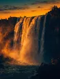 Film photograph: a waterfall pouring at full force in golden evening light, backlit mist against dark cliffs.