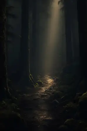 Dark elemental photograph: a foggy forest trail lit by one shaft of pale gold light, the far end of the path dissolving into a thin veil of glowing marks.