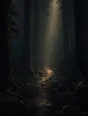 Dark elemental photograph: a foggy forest trail lit by one shaft of pale gold light, the far end of the path dissolving into a thin veil of glowing marks.