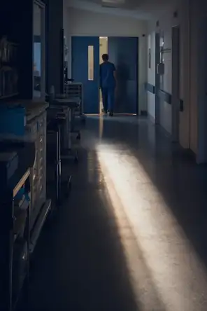 Dark cinematic photograph: A hospital ward corridor at first light, one nurse's back going in through a door, light lying along the floor.