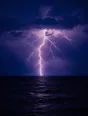 Film photograph: a single brilliant lightning strike frozen over a dark sea under a deep violet night sky.