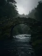 Dark green cinematic photograph: an old moss-covered stone bridge standing over fast dark water in rain haze, pale sky above.