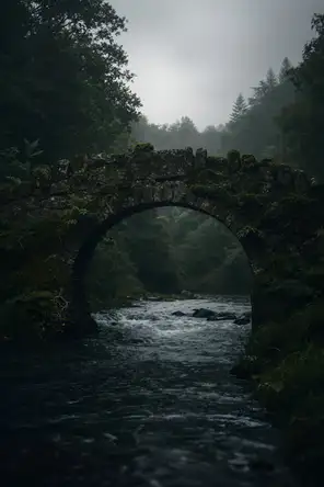 Dark green cinematic photograph: an old moss-covered stone bridge standing over fast dark water in rain haze, pale sky above.