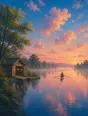 Painted anime scene: A single rowing scull out on flat river water at first light, wake line dead straight, mist lifting, the boathouse doors open on the bank.