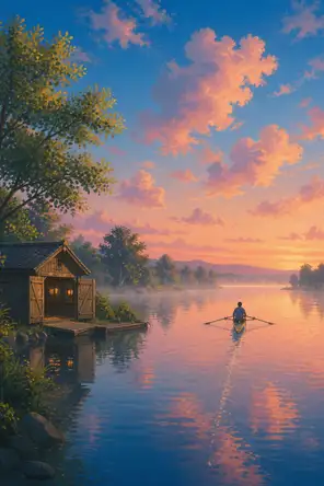 Painted anime scene: A single rowing scull out on flat river water at first light, wake line dead straight, mist lifting, the boathouse doors open on the bank.