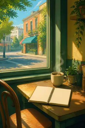 Painted anime scene: A cafe window table with the chair just pulled out, a notebook opened to the first page, steam rising off a fresh cup, morning street bright beyond the glass.