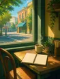 Painted anime scene: A cafe window table with the chair just pulled out, a notebook opened to the first page, steam rising off a fresh cup, morning street bright beyond the glass.