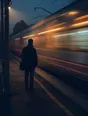 Motion photograph: a commuter train pulling into a small platform at dawn while one man stands sharp and still at the edge