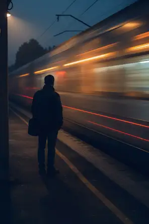 Motion photograph: a commuter train pulling into a small platform at dawn while one man stands sharp and still at the edge