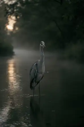 Dark green cinematic photograph: a grey heron standing perfectly still in moving river shallows, dawn light on the water.