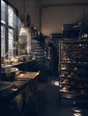 Dark cinematic photograph: A bakery an hour after the bake, every rack full and cooling, first light through the window, nobody rushing.