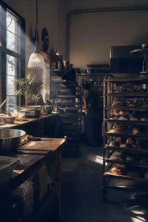 Dark cinematic photograph: A bakery an hour after the bake, every rack full and cooling, first light through the window, nobody rushing.