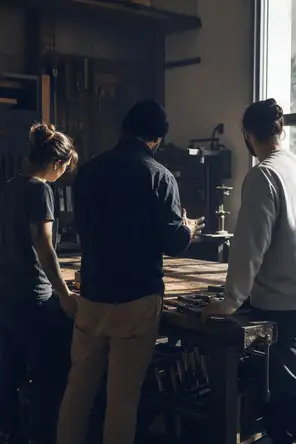 Dark cinematic photograph: Exactly three people standing around a workbench in a bright workshop, one mid-sentence with their back to us, the other two still and listening.