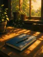 Painted anime scene: A closed notebook squared on a table with the pen capped on top of it, golden evening light lying long across the wood, the window warm.