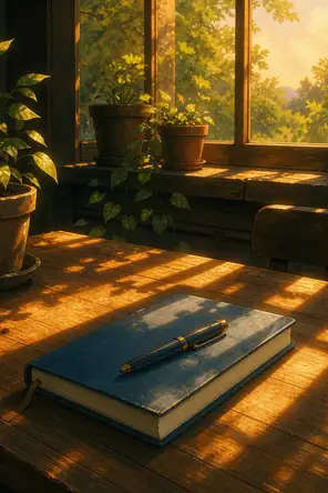 Painted anime scene: A closed notebook squared on a table with the pen capped on top of it, golden evening light lying long across the wood, the window warm.
